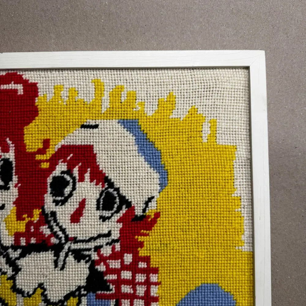 VTG Raggedy Ann and Andy Needlepoint Framed Wall Art 70s Handmade Cross Stitch